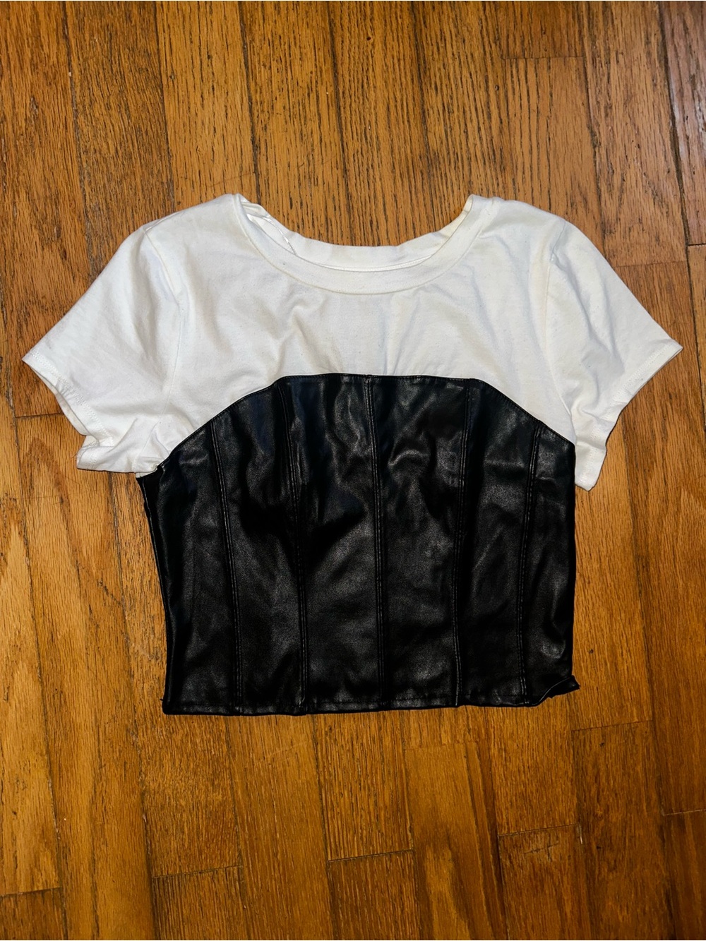 meraki White Tee with Black Faux Leather Bustier Overlay - Women Tops Crop Top